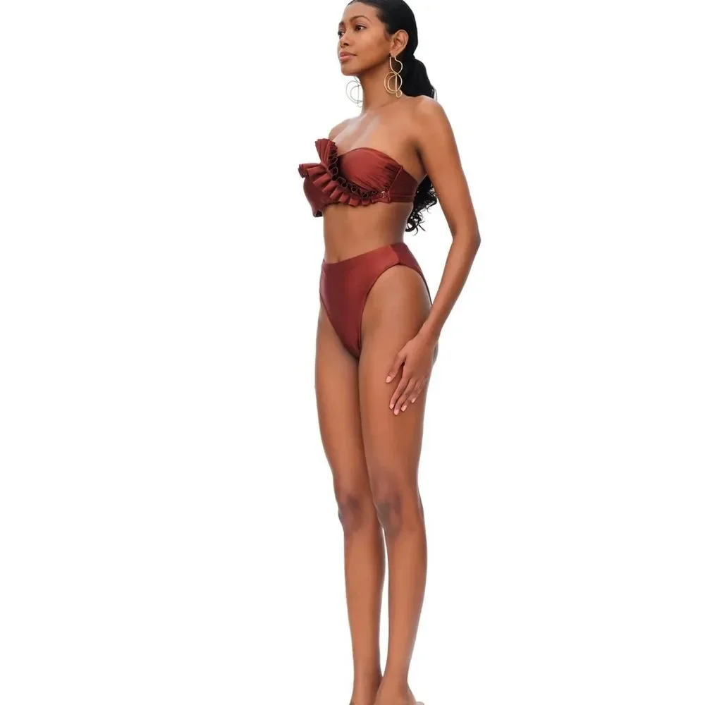 NWT Andrea lyamah 2 Piece LIVA Bikini in Chocolate Size Medium asymmetric ruffle